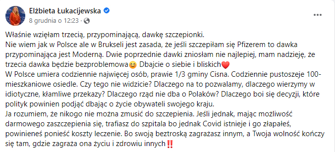 Elżbieta Łukacijewska odmawia niezaszczepionym prawa do darmowej opieki medycznej